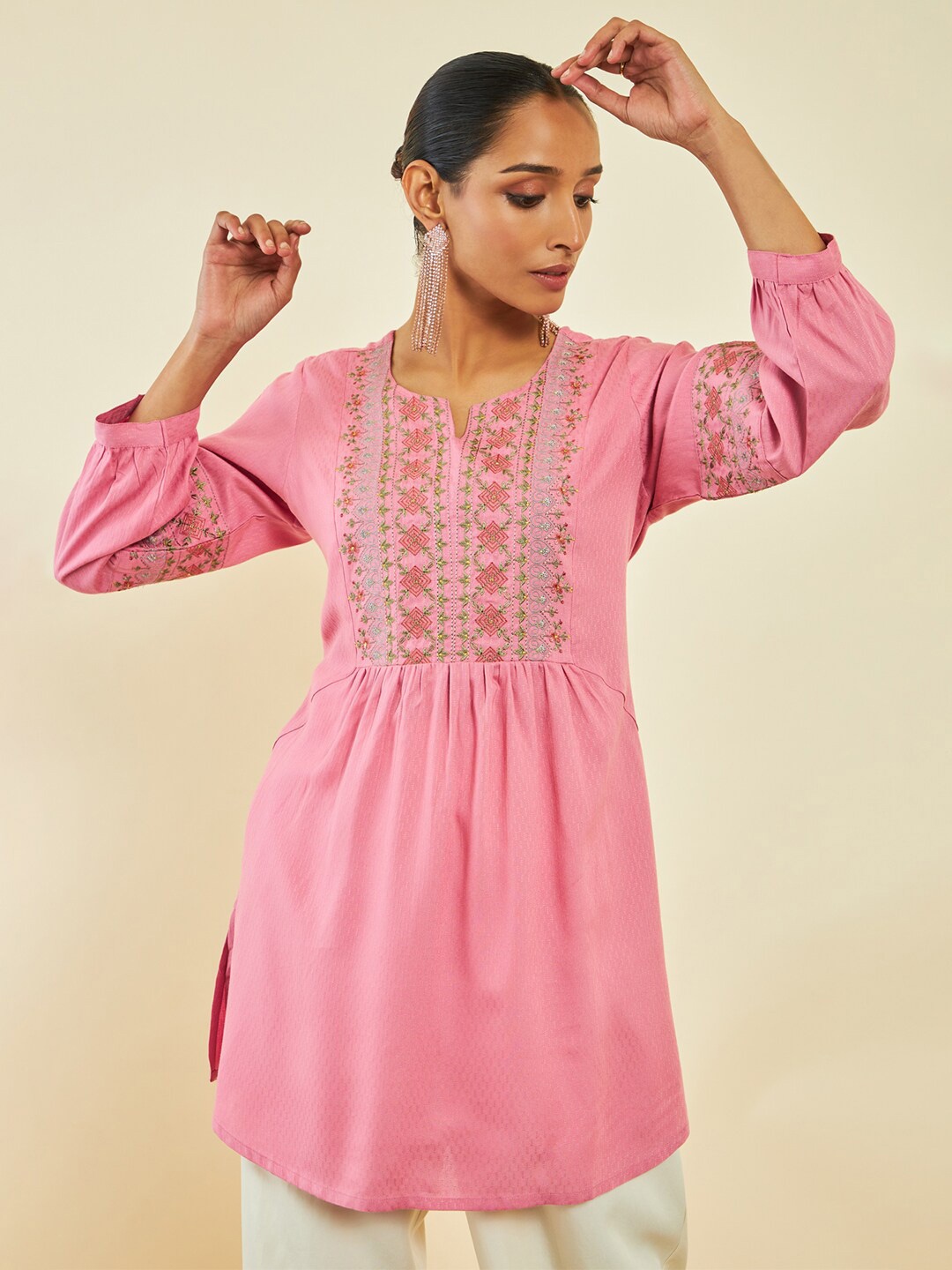 

Soch Ethnic Motifs Embroidered Pleated Kurti, Pink