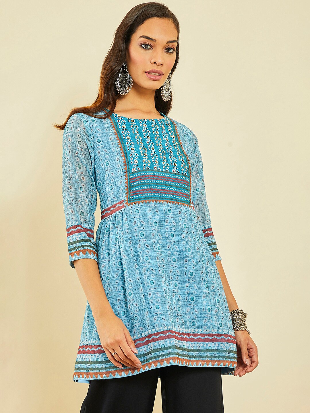 

Soch Floral Printed A-Line Kurti, Turquoise blue