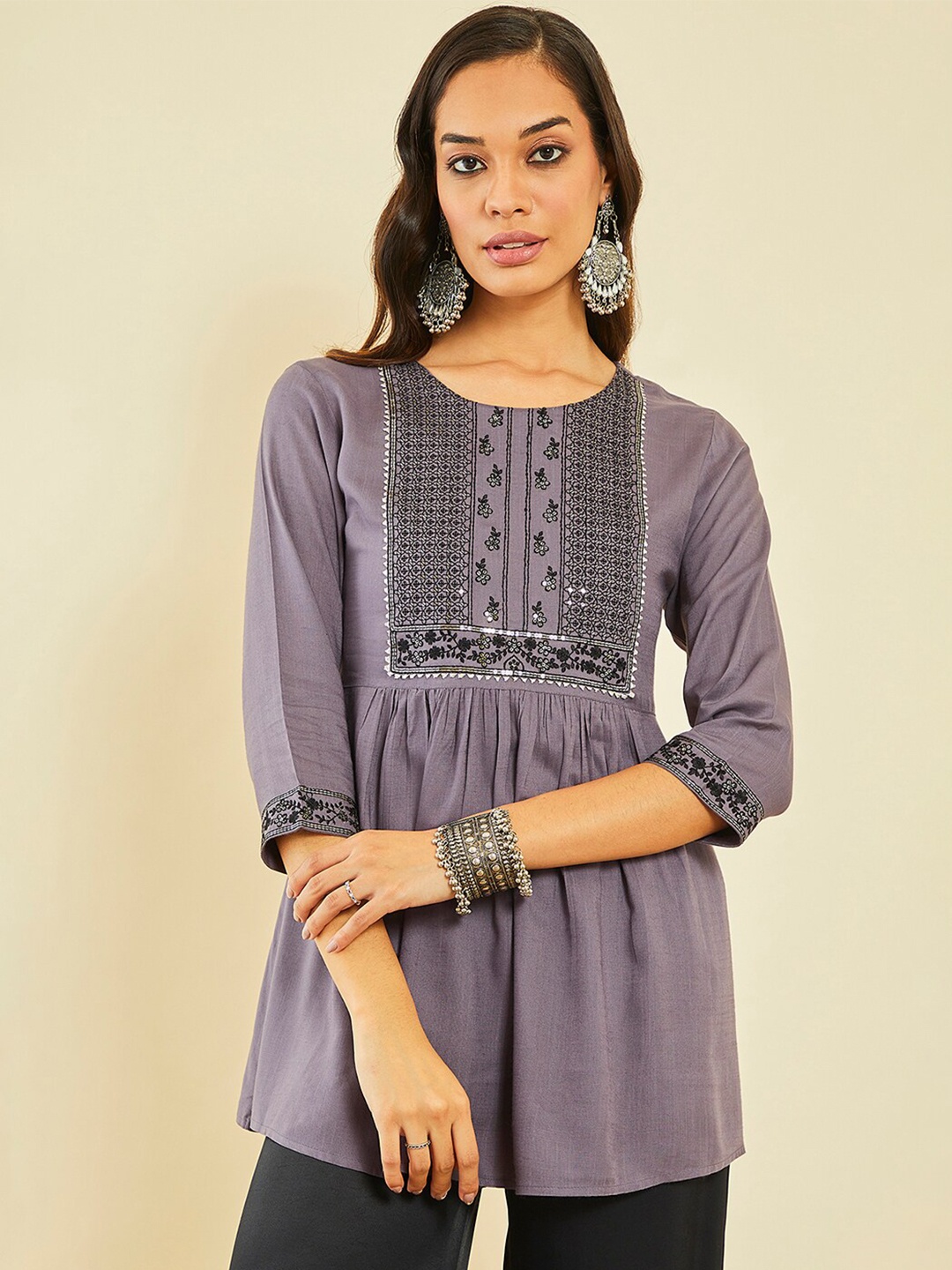 

Soch Ethnic Motifs Embroidered A-Line Kurti, Mauve