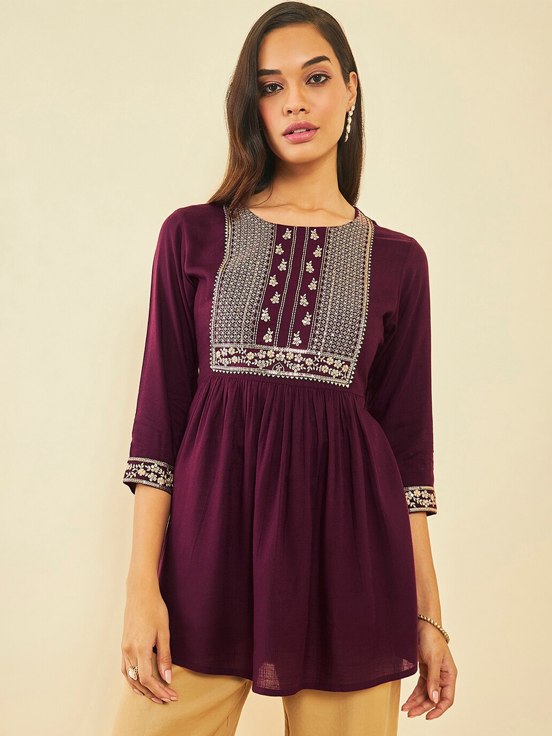 

Soch Ethnic Motifs Embroidered Sequinned A-Line Kurti, Maroon