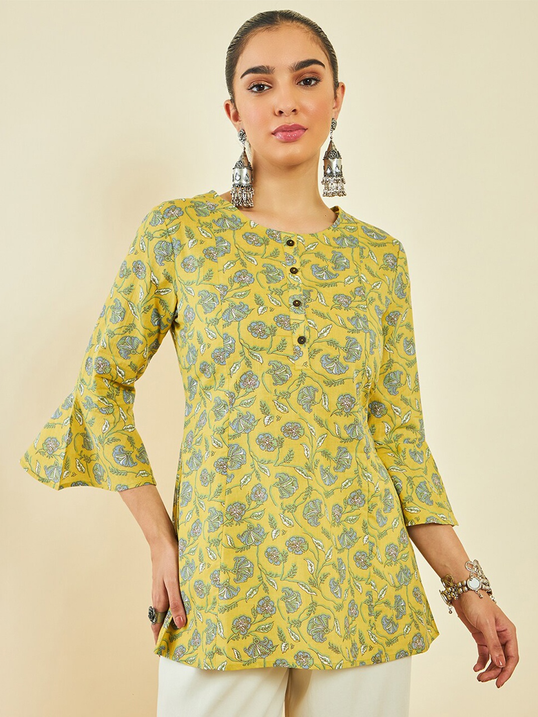 

Soch Yellow & Blue Floral Printed Cotton Tunic