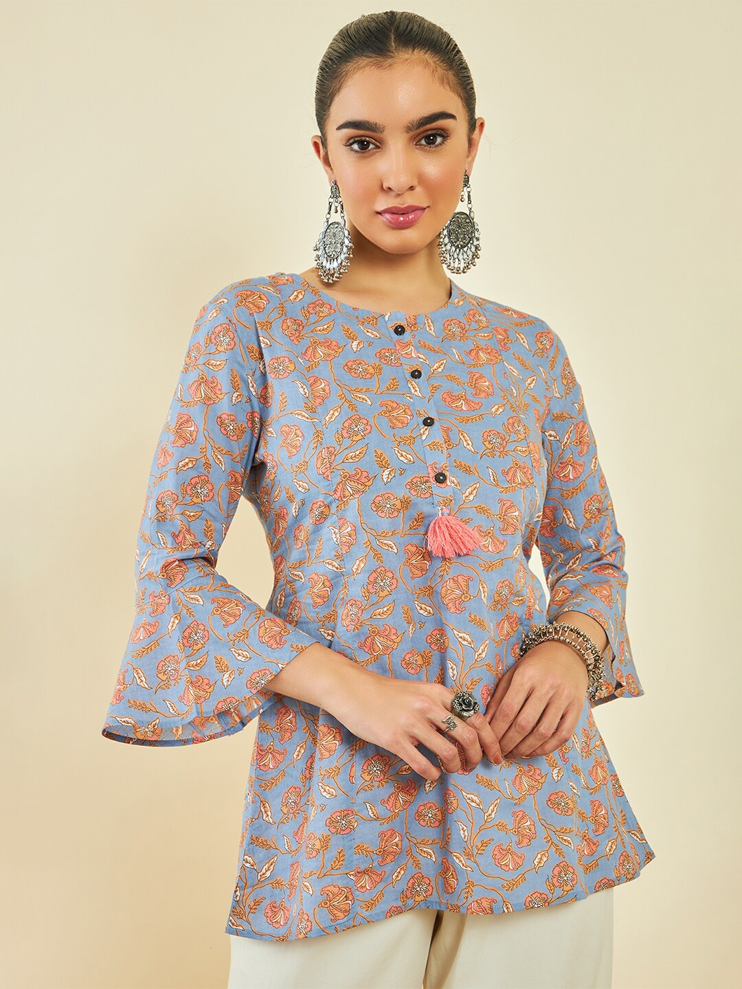 

Soch Blue & Pink Floral Printed Cotton Tunic