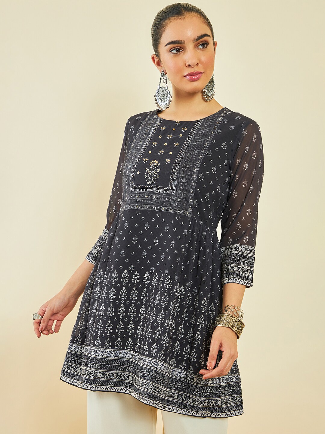 

Soch Ethnic Motifs Printed Gathered A-Line Kurti, Black