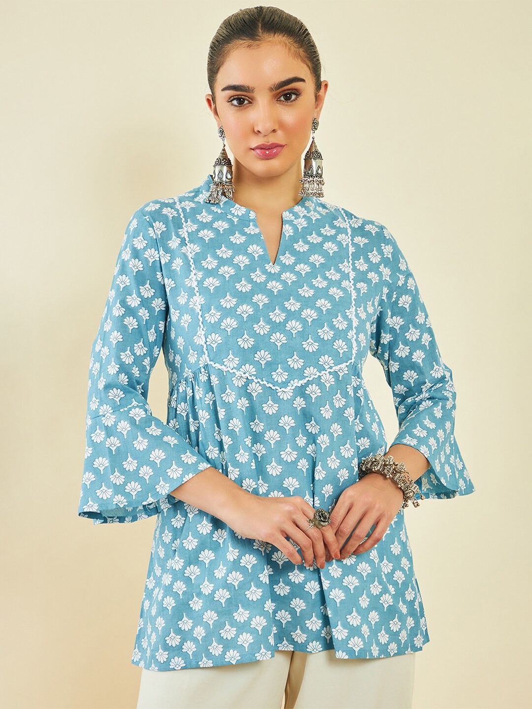 

Soch Blue & White Mandarin Collar Ethnic Motifs Printed Cotton Tunic