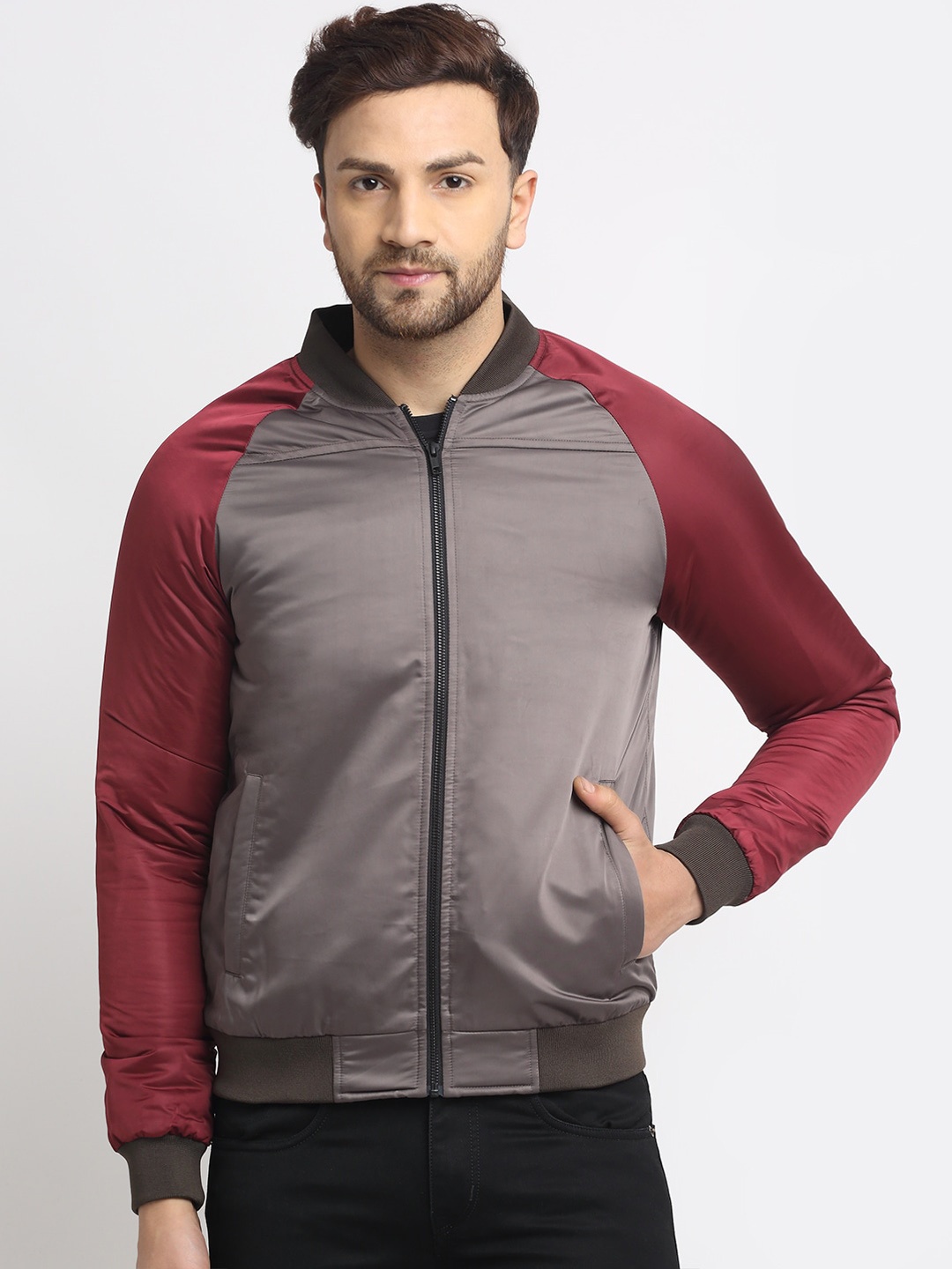 

HOUSE OF VEDAS Men Grey Colourblocked Lightweight Outdoor Bomber Jacket