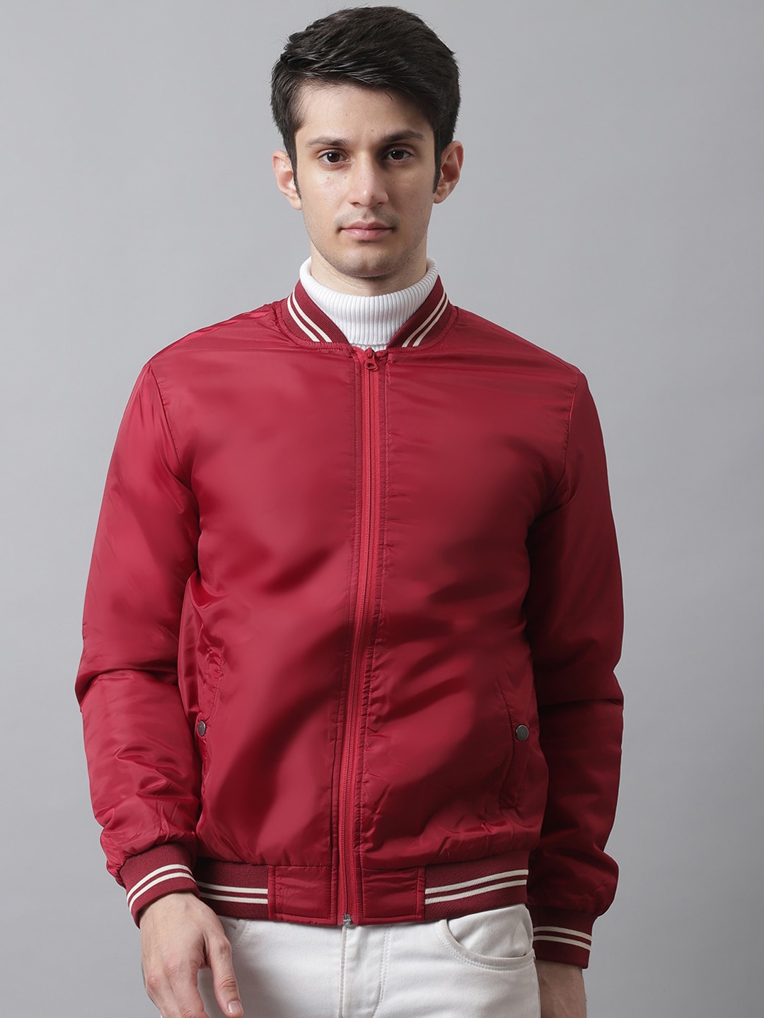 

HOUSE OF VEDAS Men Maroon Striped Lightweight Outdoor Bomber Jacket