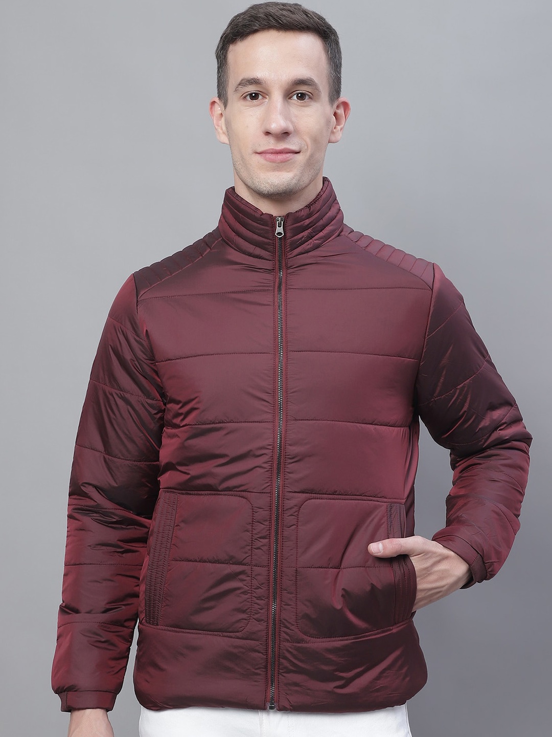 

HOUSE OF VEDAS Lightweight Mock Collar Padded Jacket, Maroon