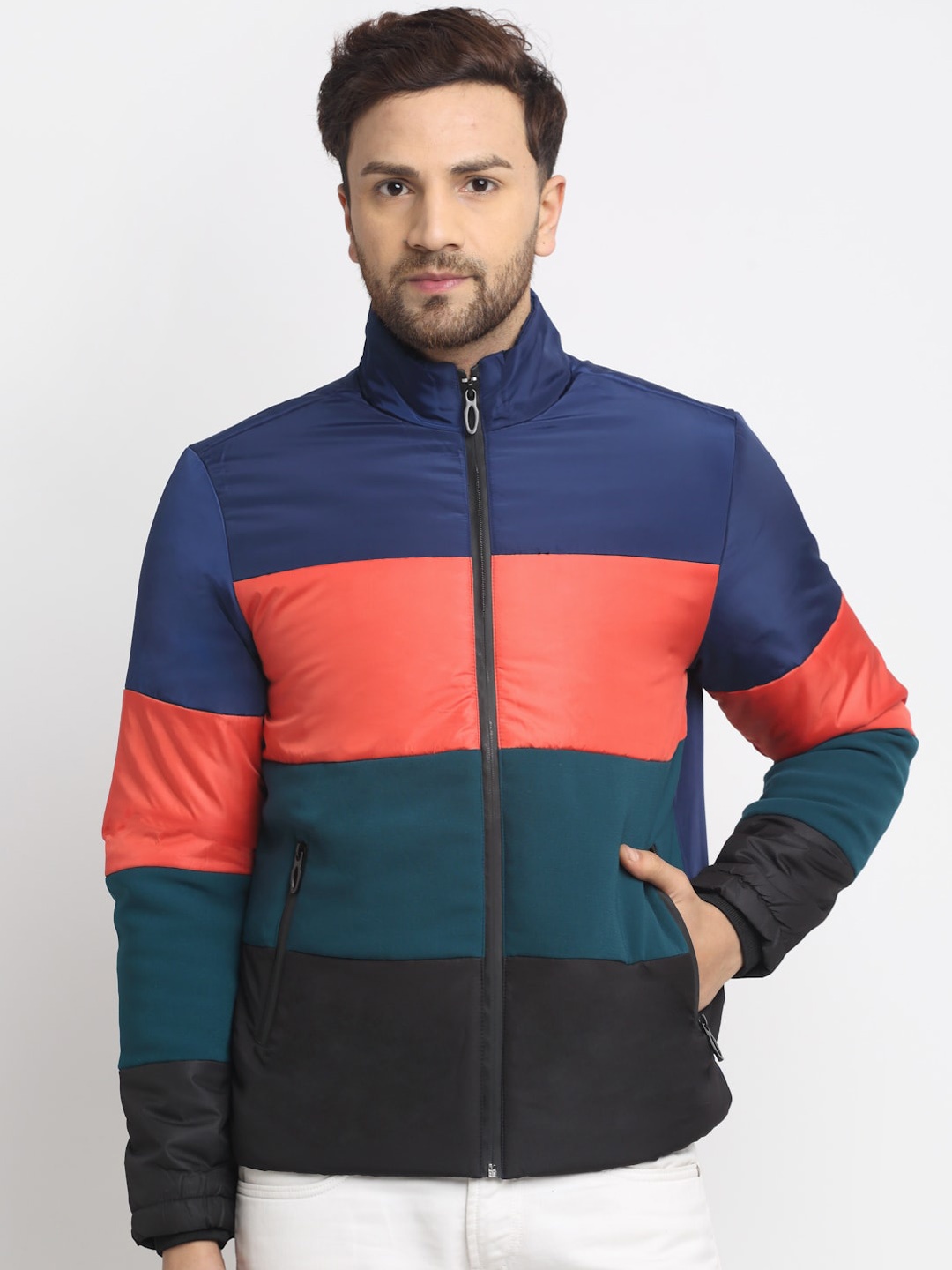 

HOUSE OF VEDAS Men Multicoloured Colourblocked Windcheater Outdoor Padded Jacket with Patchwork, Multi