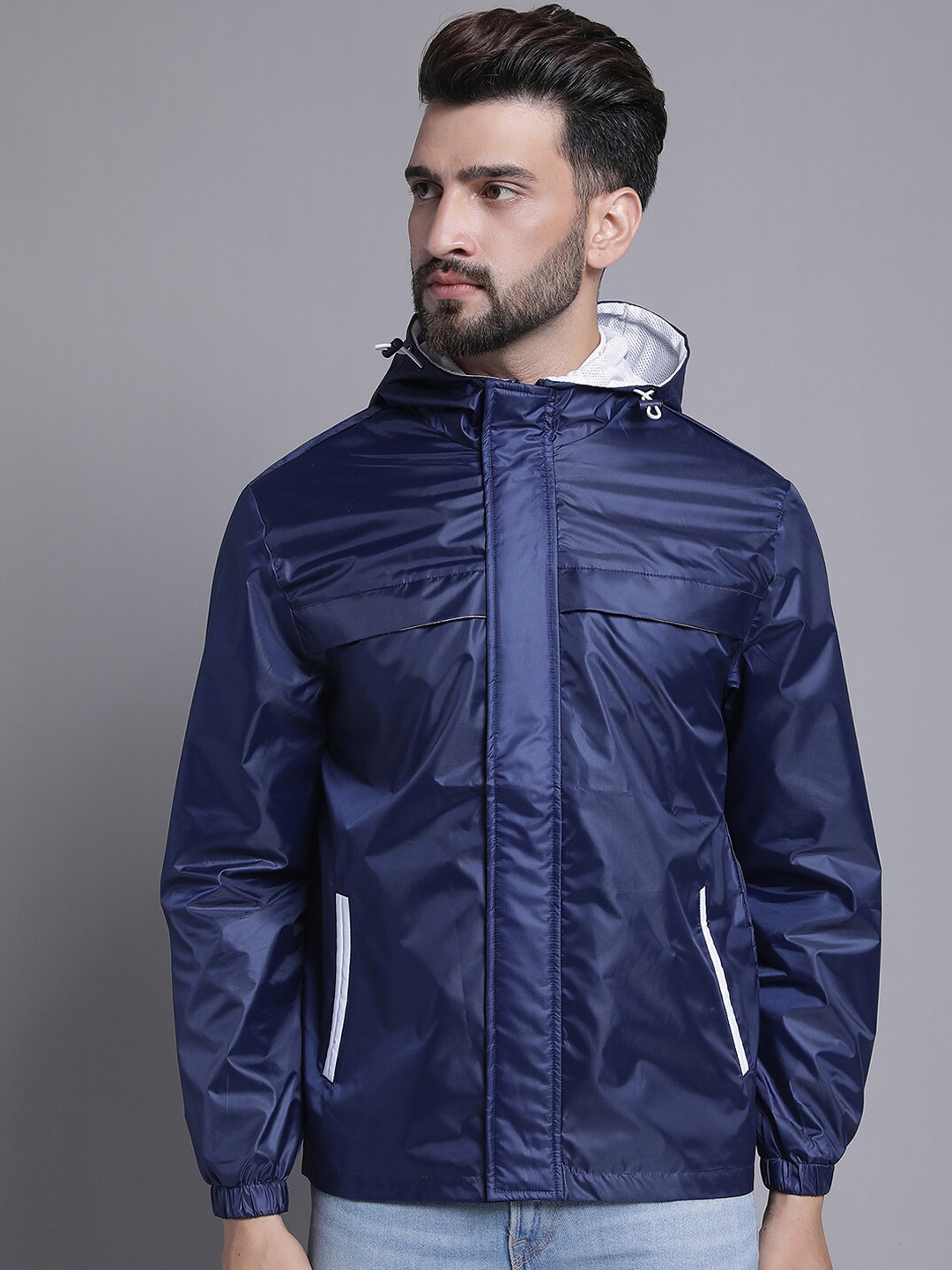 

HOUSE OF VEDAS Hooded Windcheater and Water Resistant Biker Jacket, Navy blue