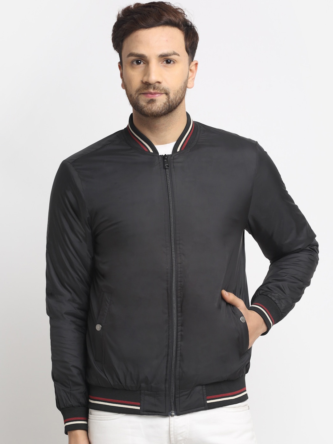 

HOUSE OF VEDAS Men Black Striped Lightweight Outdoor Bomber Jacket