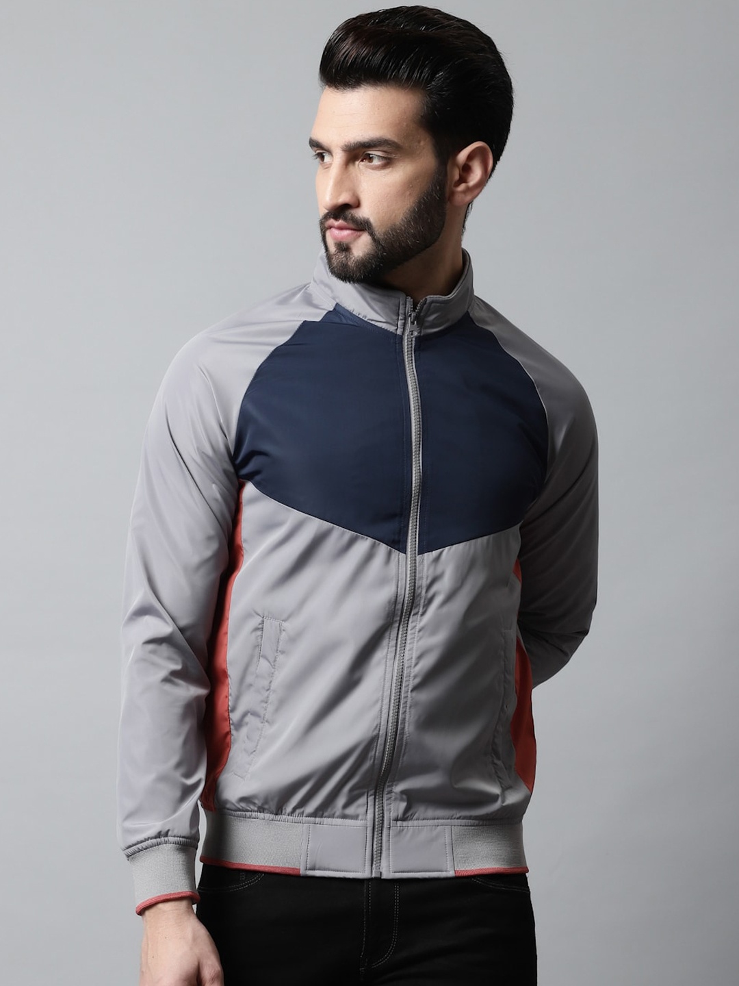 

HOUSE OF VEDAS Colourblocked Mock Collar Lightweight Outdoor Biker Jacket, Grey