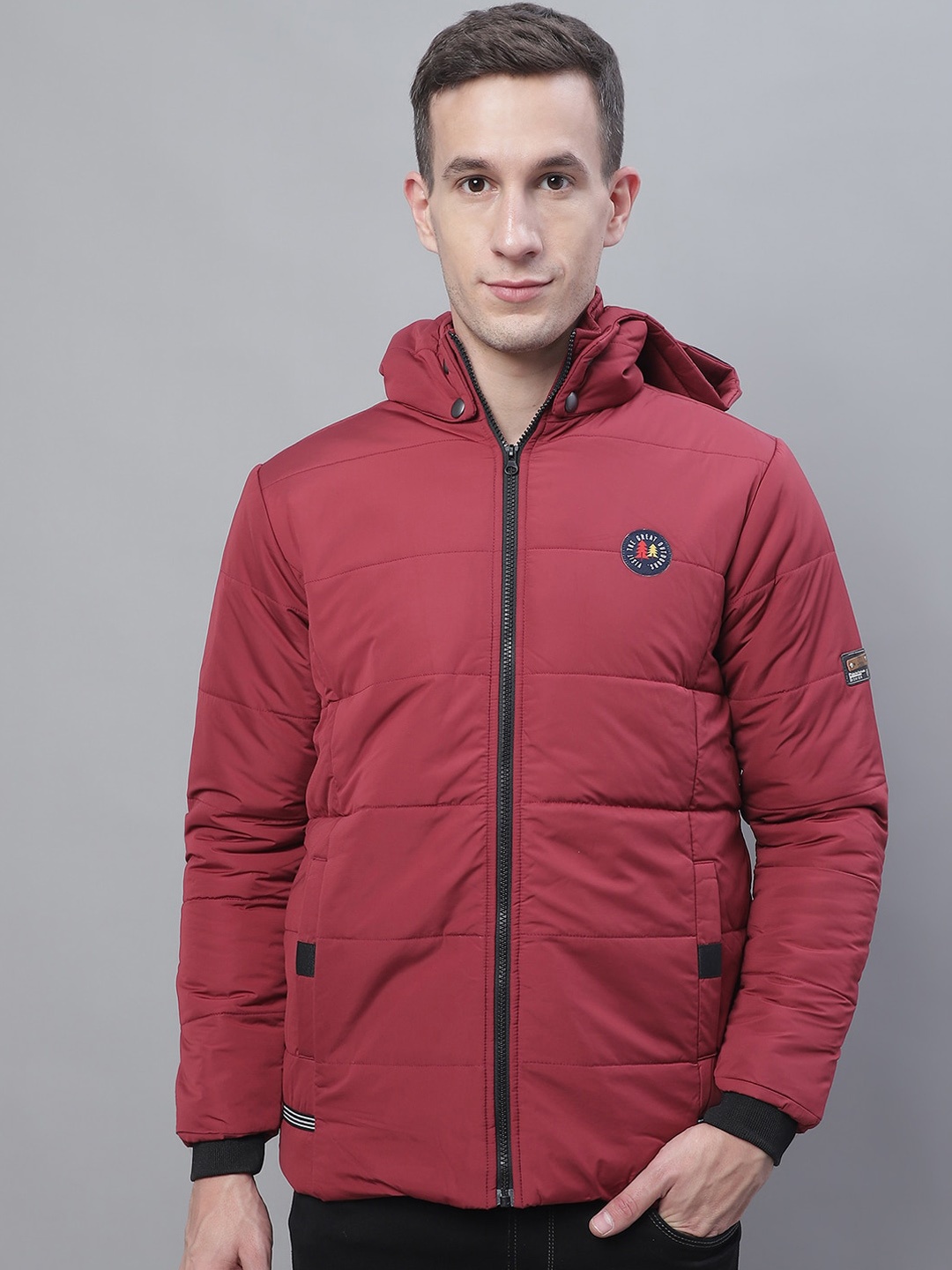 

HOUSE OF VEDAS Men Maroon Striped Lightweight Outdoor Puffer Jacket