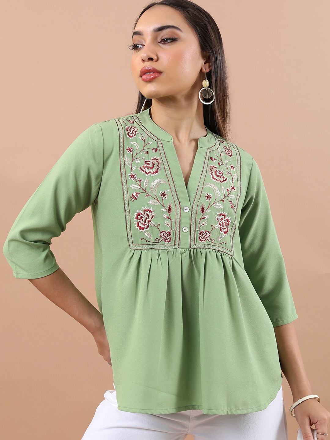 

Vishudh Mandarin Collar Floral Embroidered Gathers Top, Green