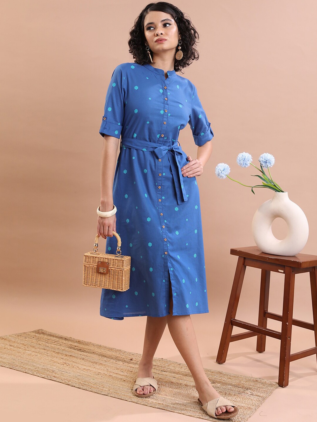 

Vishudh Blue Geometric Printed Mandarin Collar Belted Shirt Style Midi Ethnic Dress