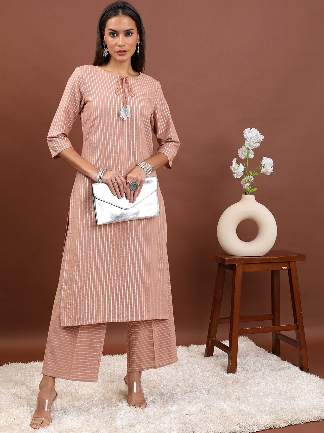 

Vishudh Striped Pure Cotton Kurta With Palazzos, Beige