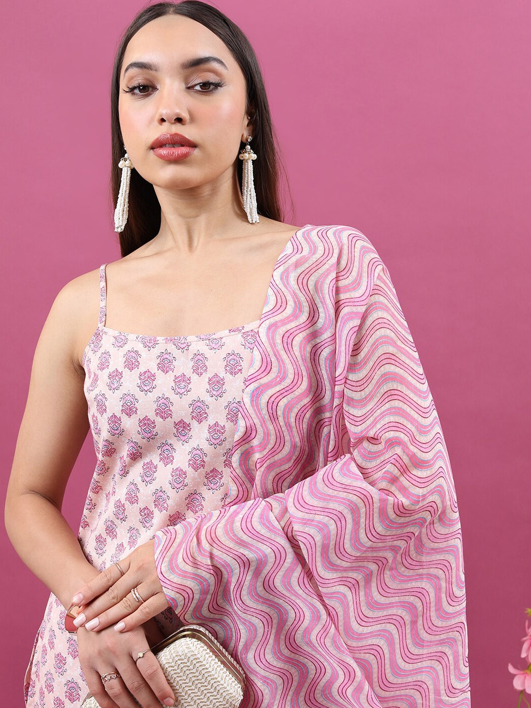 

Vishudh Floral Printed Shoulder Straps A-Line Kurta & Palazzos With Dupatta, Pink