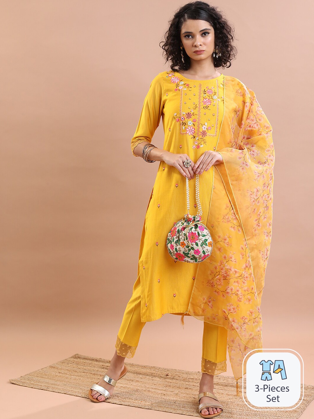 

Vishudh Floral Embroidered Thread Work Kurta With Trousers & Dupatta, Mustard