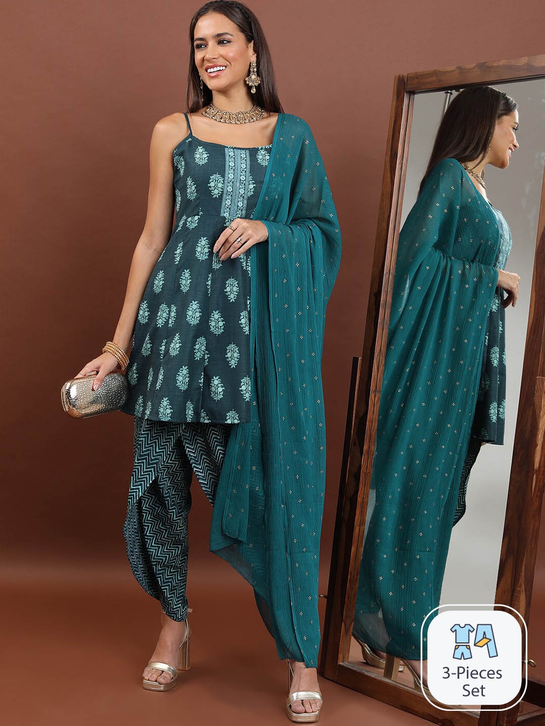 

Vishudh Floral Printed Kurti & Dhoti Pants With Dupatta, Teal