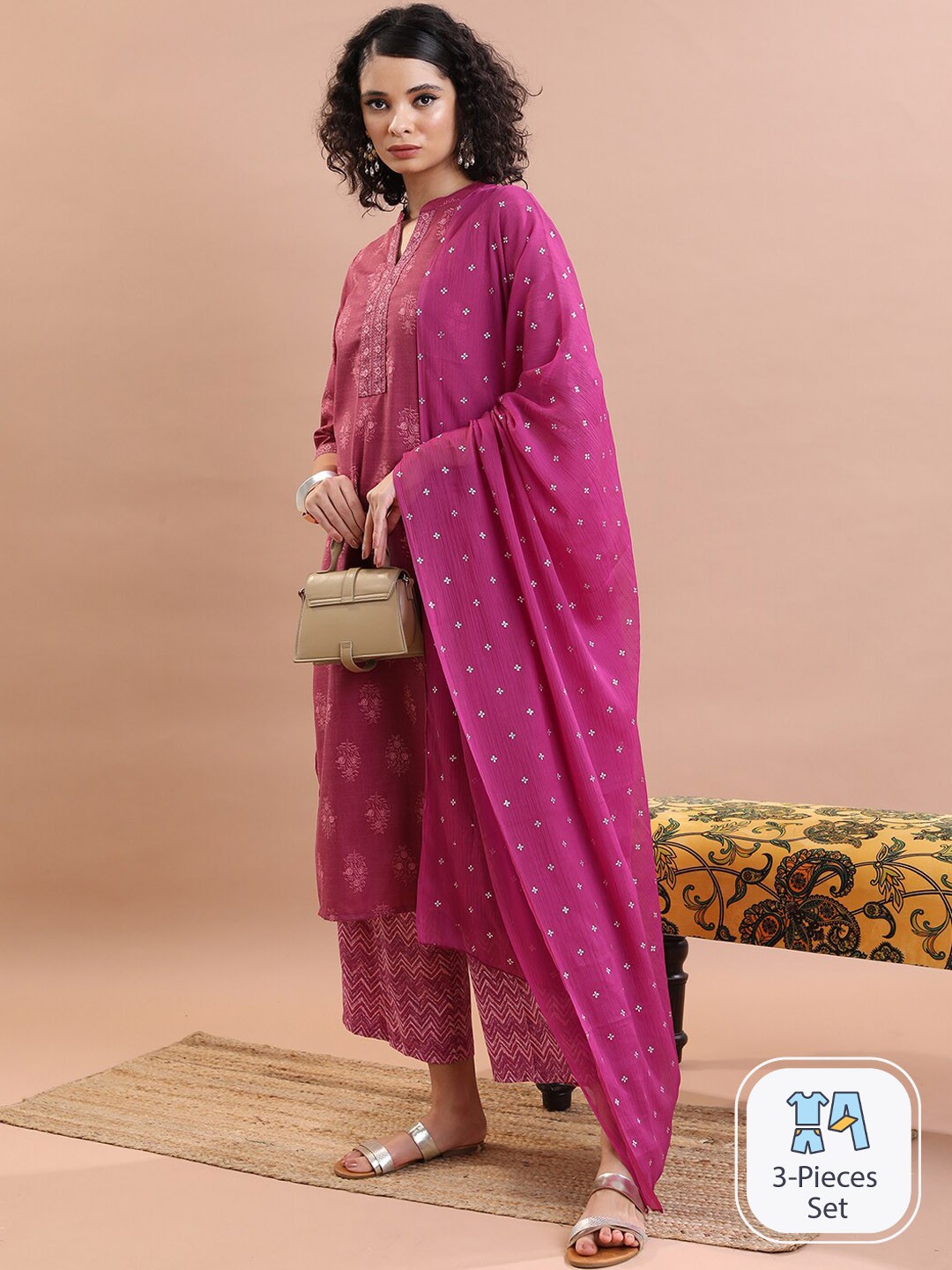 

Vishudh Ethnic Motifs Printed Kurta & Palazzos With Dupatta, Purple
