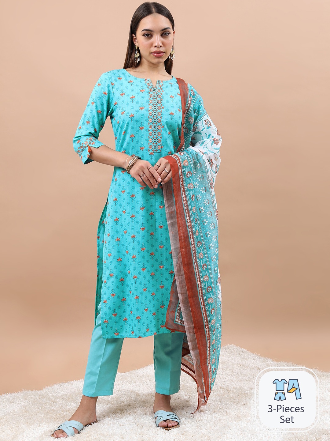 

Vishudh Floral Printed Kurta & Trousers With Dupatta, Turquoise blue