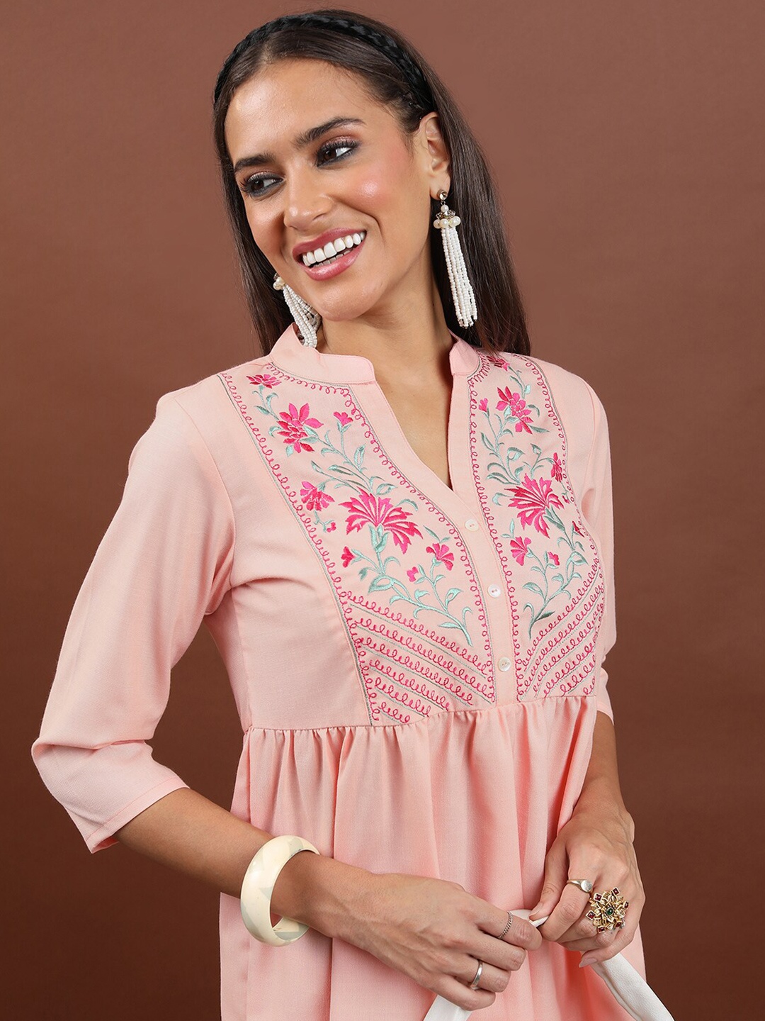 

Vishudh Floral Embroidered Gathered A-Line Tunic, Peach