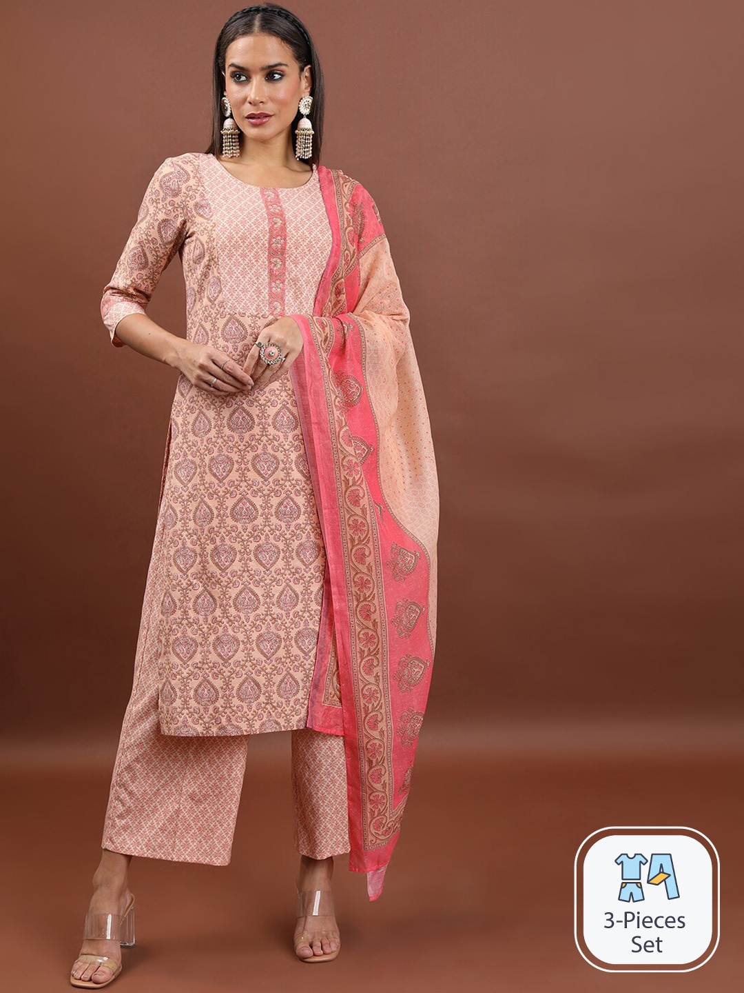 

Vishudh Ethnic Motifs Printed Kurta & Palazzos With Dupatta, Peach