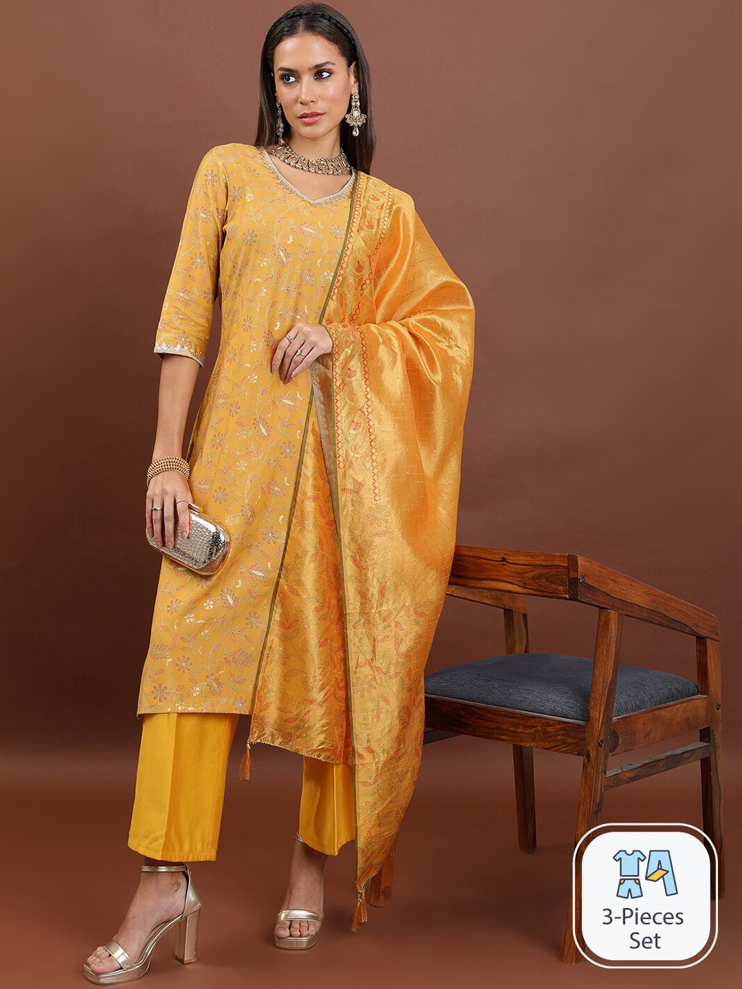 

Vishudh Floral Printed V-Neck Thread Work Detail Straight Kurta & Trousers With Dupatta, Yellow