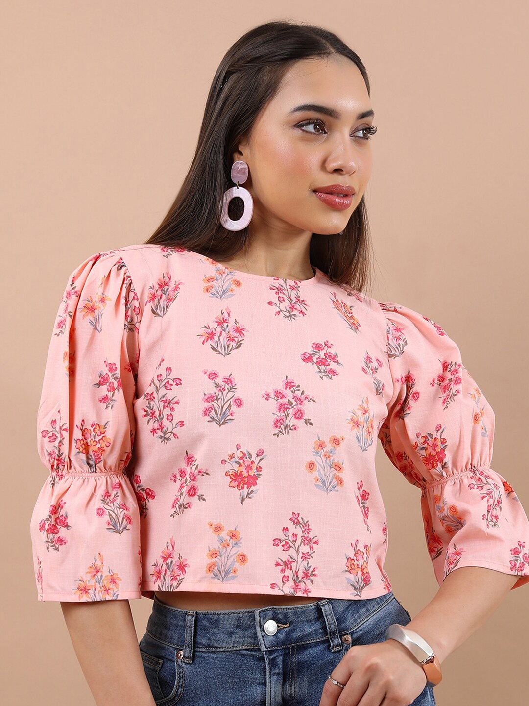 

Vishudh Floral Printed Puff Sleeves Crop Top, Peach