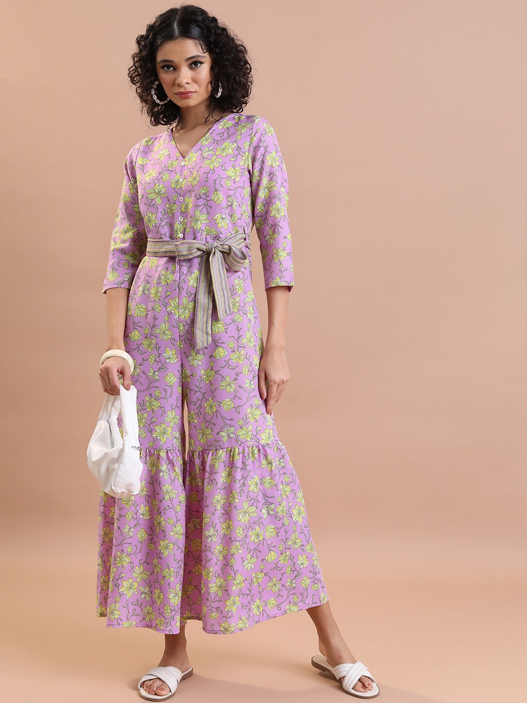 

Vishudh Floral Printed Tie Up Basic Jumpsuit, Lavender