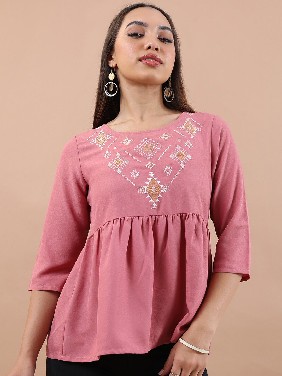 

Vishudh Ethnic Motif Embroidered Gathers Peplum Top, Pink