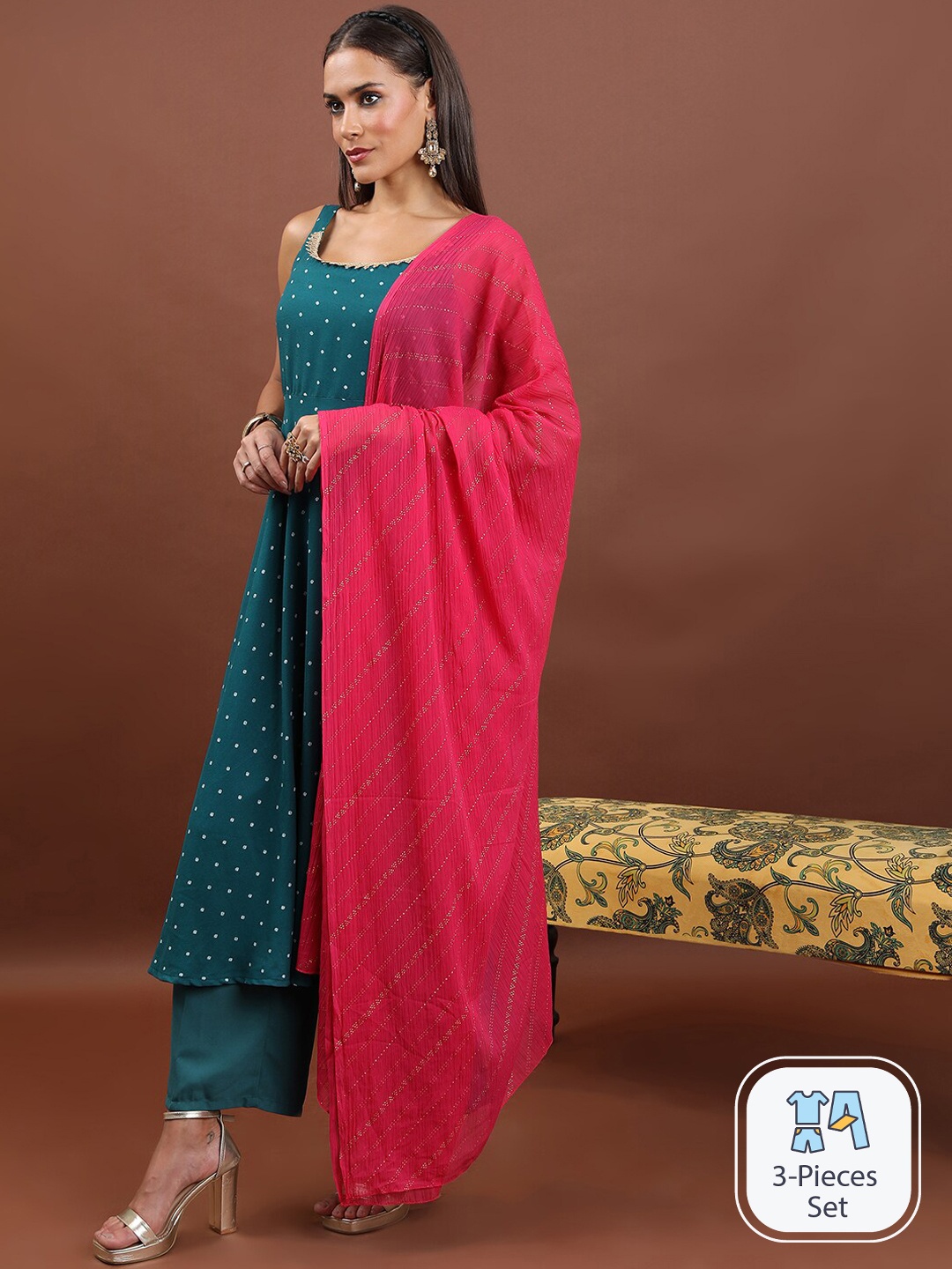 

Vishudh Ethnic Motifs Printed Regular Kurta with Palazzos & Dupatta, Teal