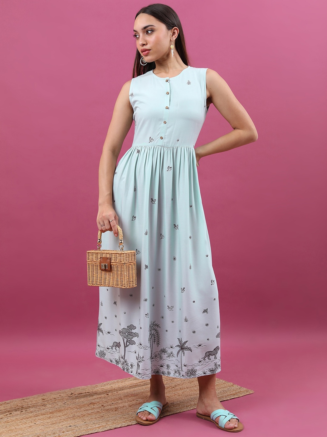 

Vishudh Blue Floral Printed Fit And Flare Midi Ethnic Dress