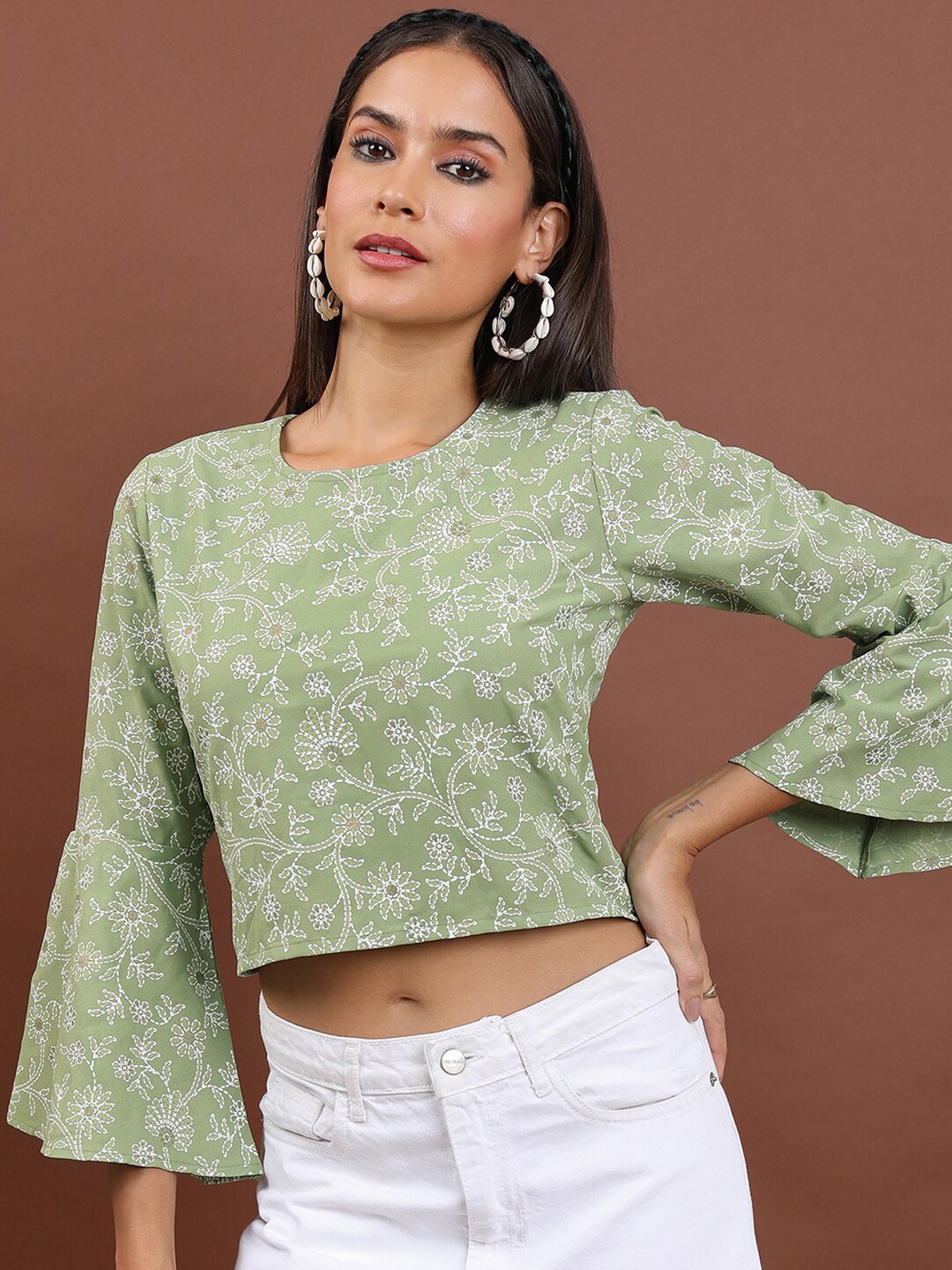 

Vishudh Green Floral Printed Bell Sleeve Crop Top