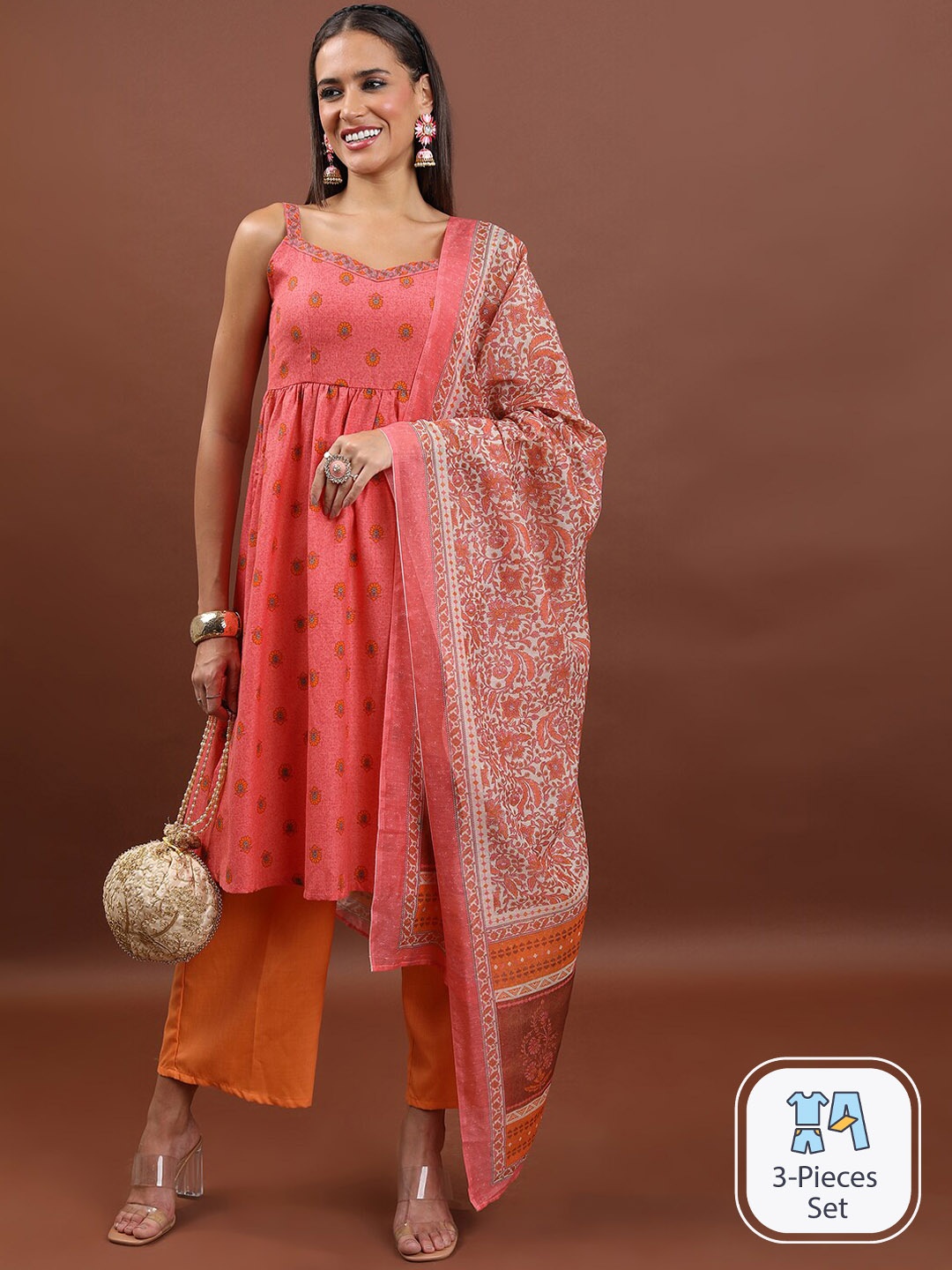 

Vishudh Floral Printed Shoulder Straps A-Line Kurta & Palazzos With Dupatta, Pink