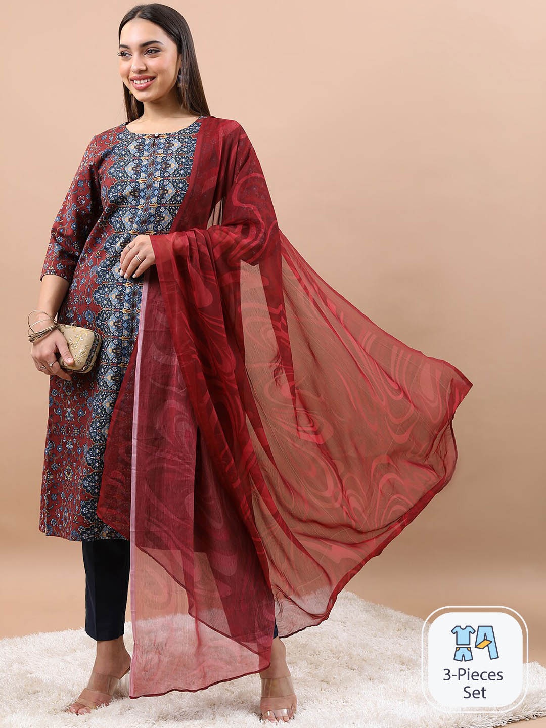 

Vishudh Ethnic Motifs Printed Kurta With Trousers & Dupatta, Red