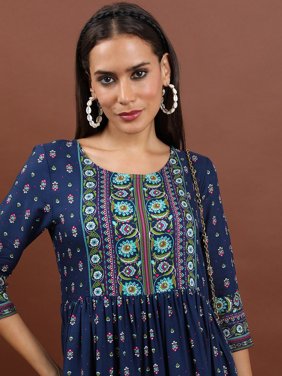 

Vishudh Navy Blue Ethnic Motifs Printed Fit And Flare Midi Ethnic Dress