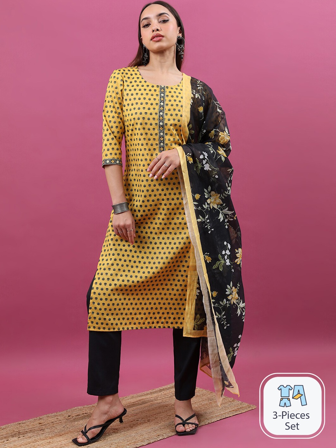 

Vishudh Ethnic Motifs Printed Thread Work Kurta & Trousers With Dupatta, Mustard