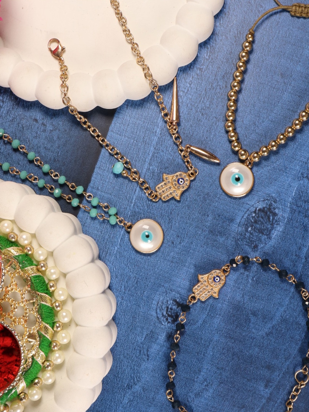 

SALTY Men Set Of 4 Hamsa & Beaded Evil Eye Rakhi, Gold