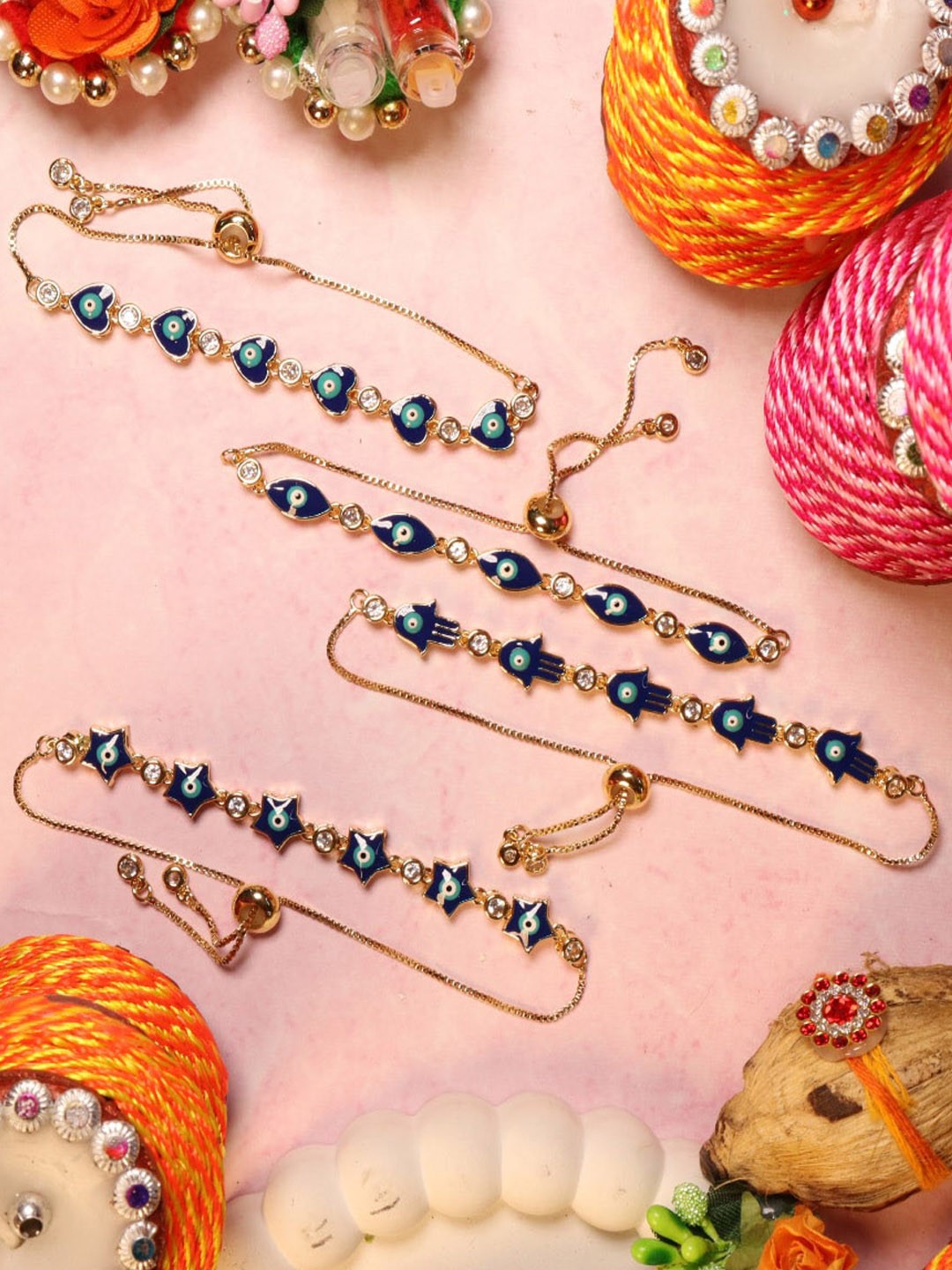 

SALTY Women Set of 4 Turkish Blue Evil Eye Rakhi, Gold