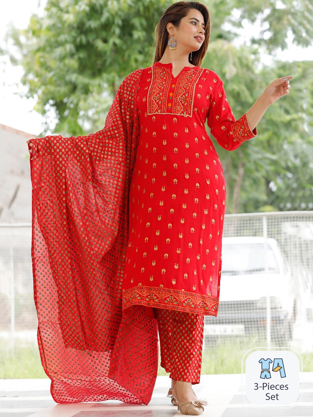 

KALINI Ethnic Motifs Printed Gotta Patti Kurta with Trousers & Dupatta, Red