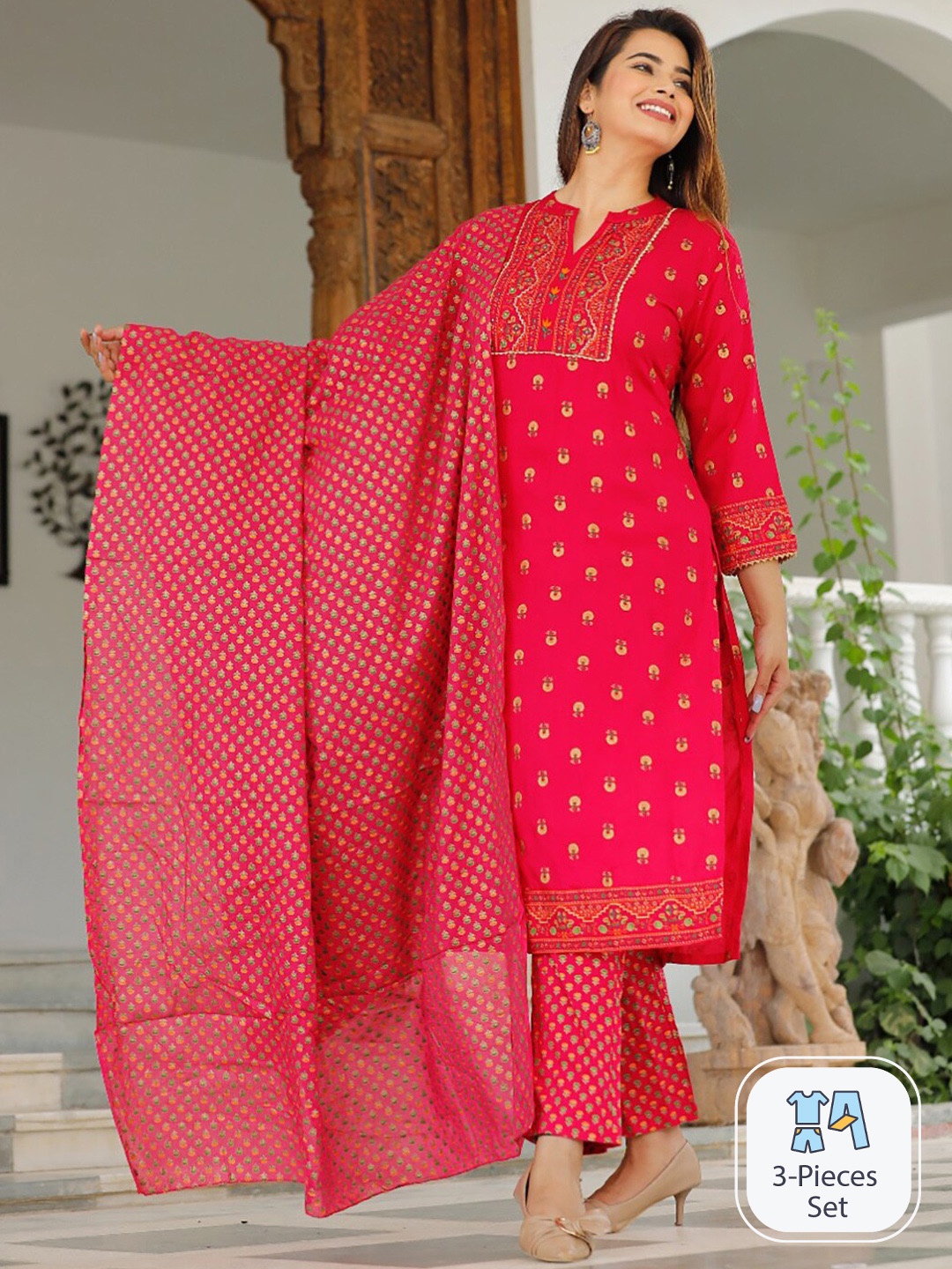 

KALINI Ethnic Motifs Printed Gotta Patti Straight Kurta with Trousers & Dupatta, Pink