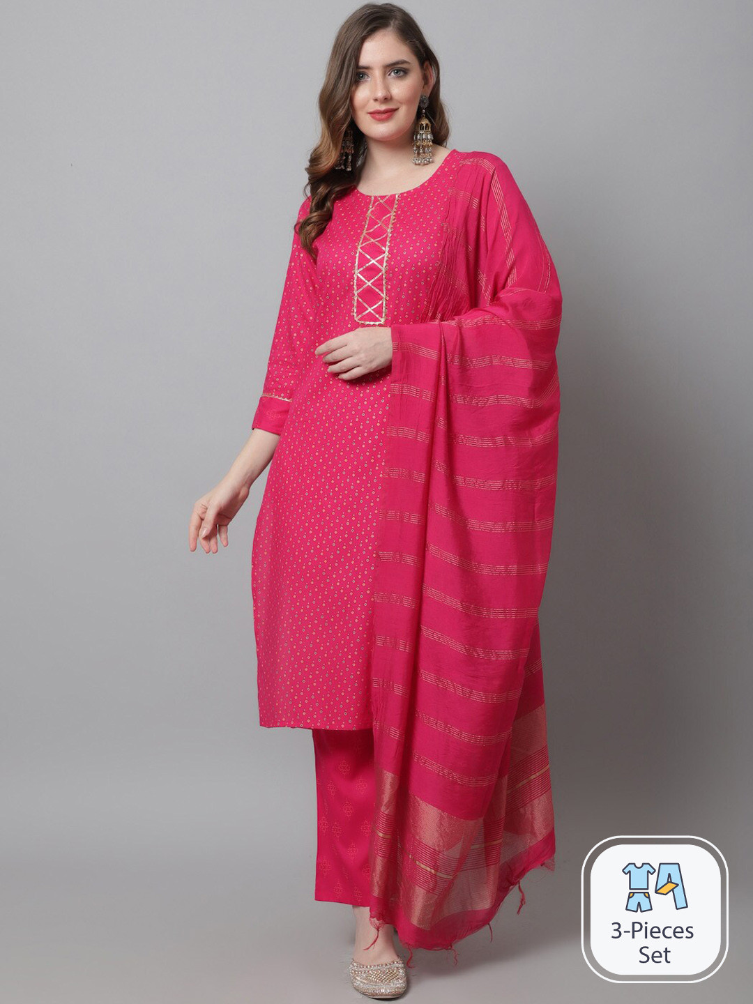 

KALINI Ethnic Motifs Printed Gotta Patti Straight Kurta with Trousers & Dupatta, Pink