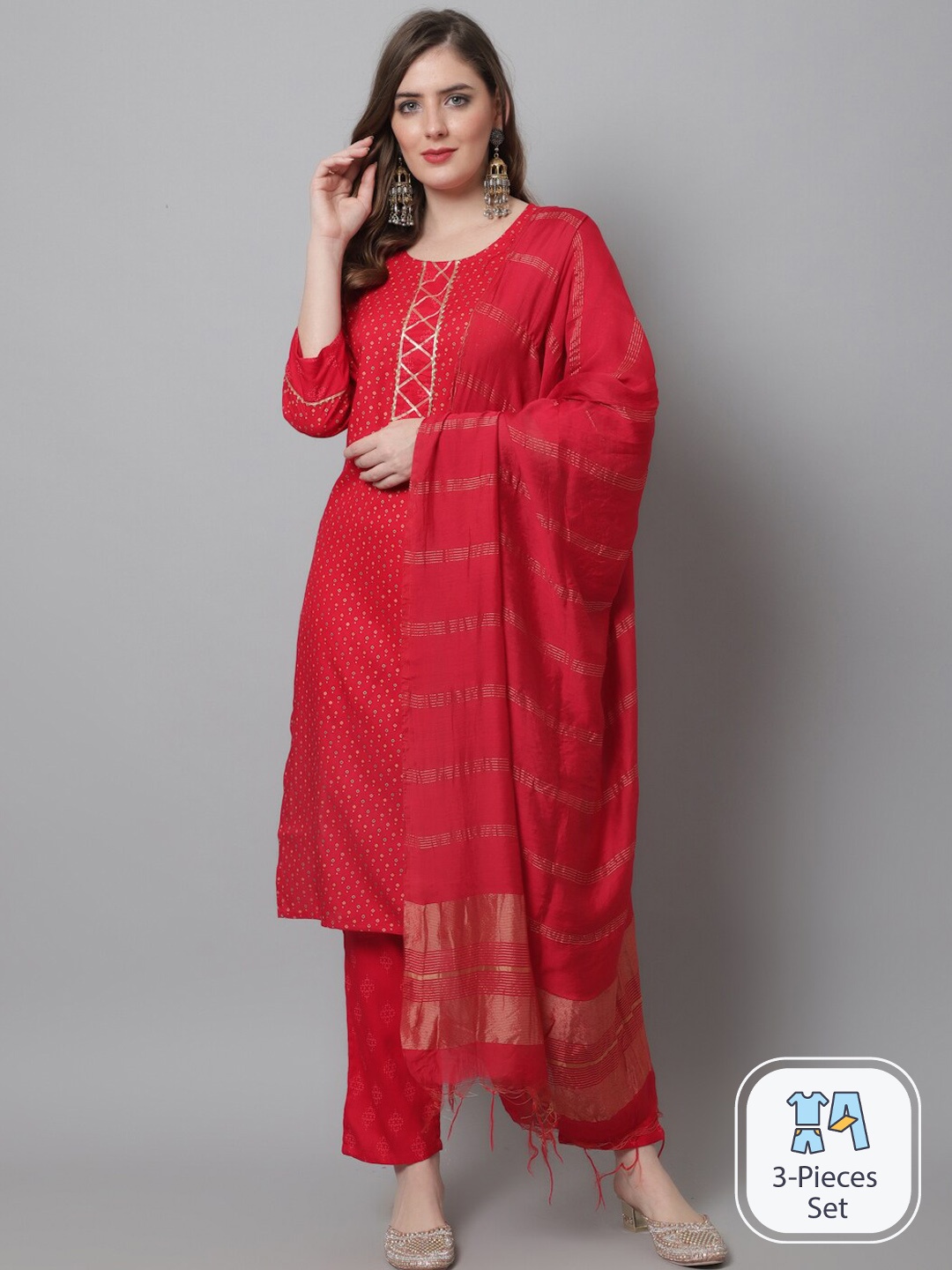 

KALINI Ethnic Motifs Printed Gotta Patti Kurta with Trousers & Dupatta, Red