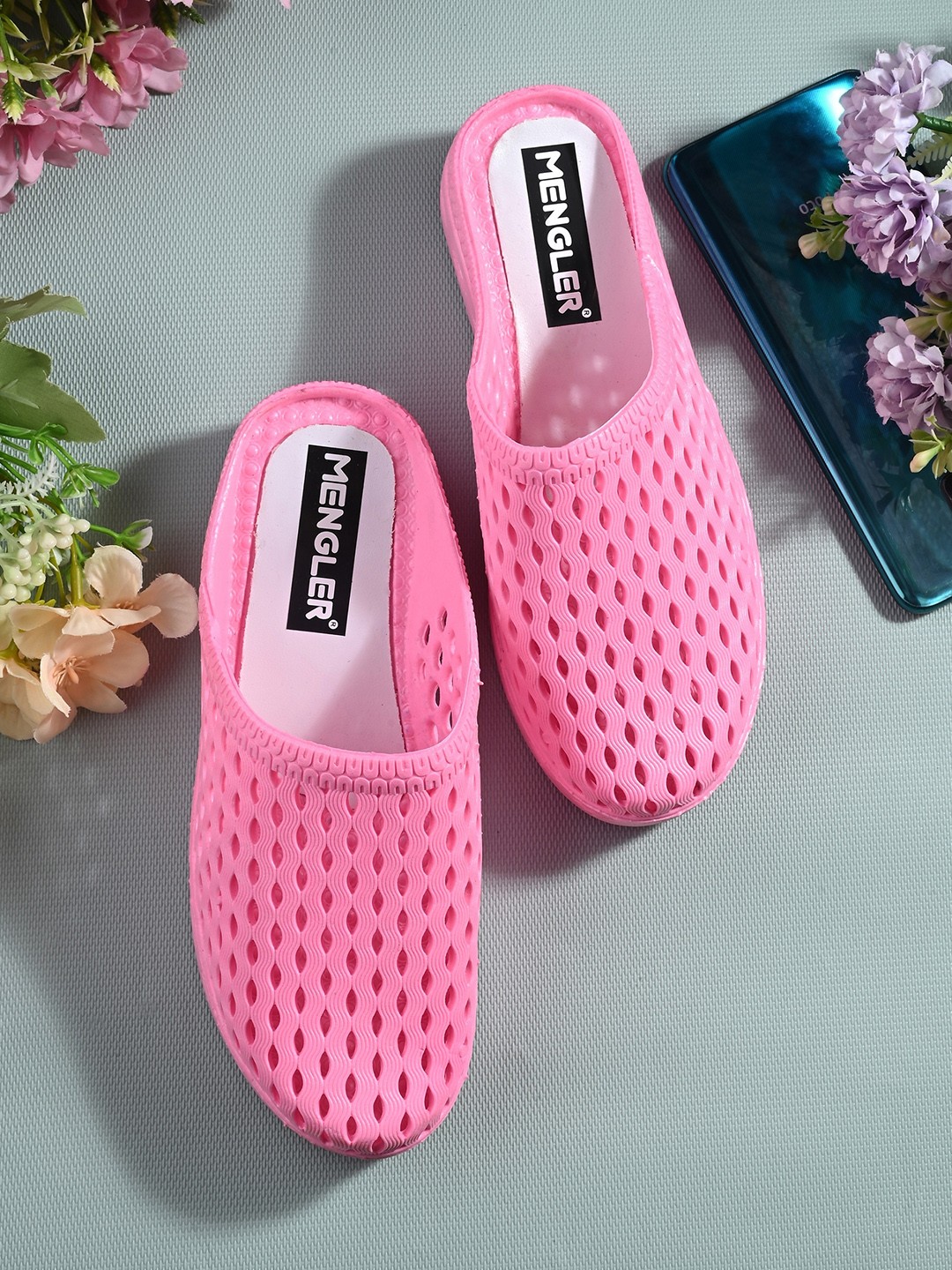 

MENGLER Women Self Design Slip-On Clogs, Pink