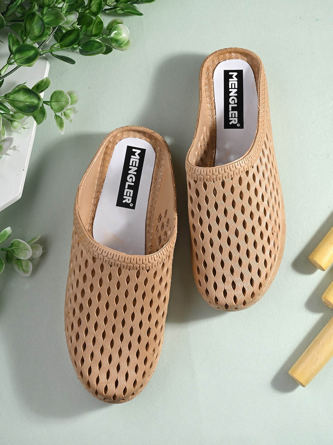 

MENGLER Women Self Design Slip-On Clogs, Beige