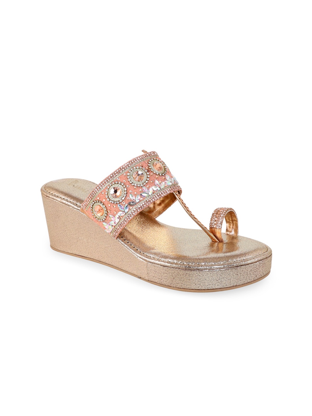 

V-WALK Ethnic Embellished Party Open Toe Wedges, Gold