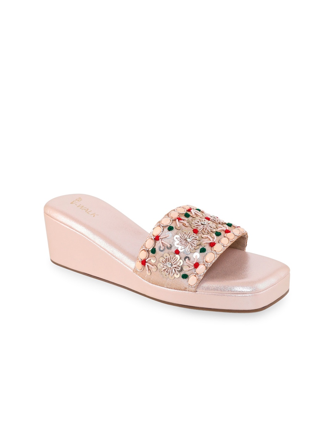 

V-WALK Embellished Party Open Toe Wedges, Rose gold