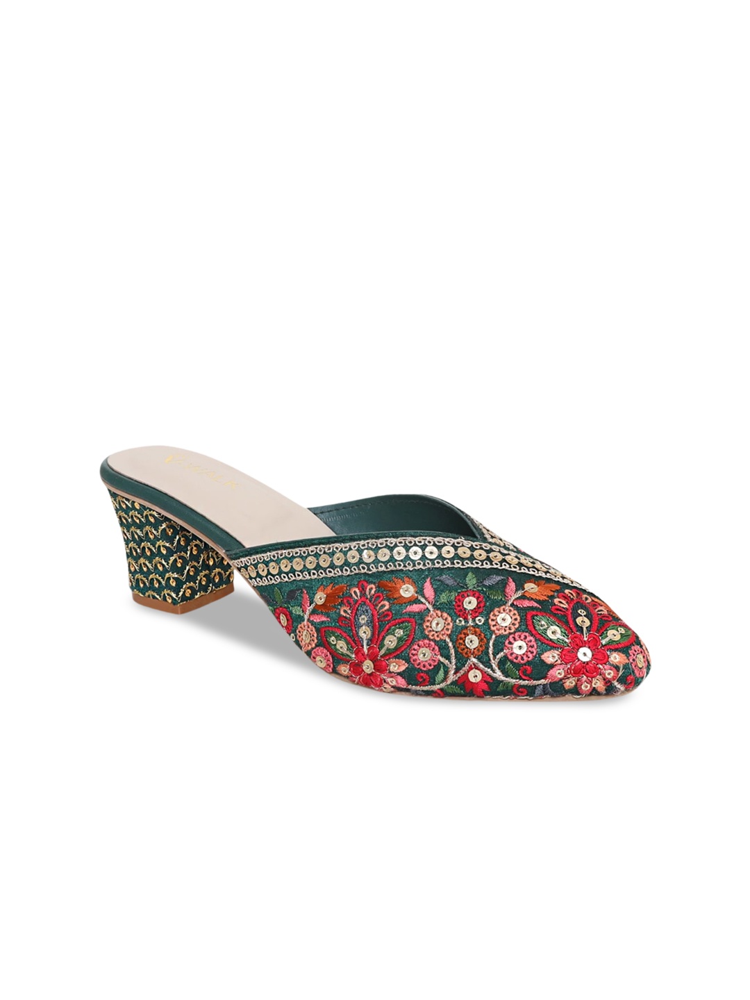 

V-WALK Embroidered Block Heel Mules, Green