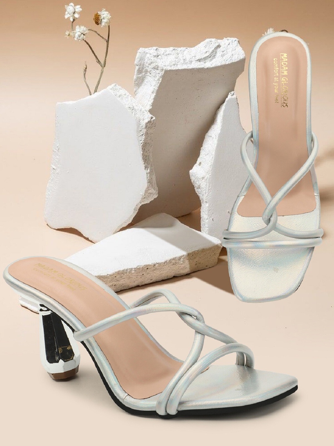

madam glorious Open Toe Synthetic Leather Block Heels, Silver