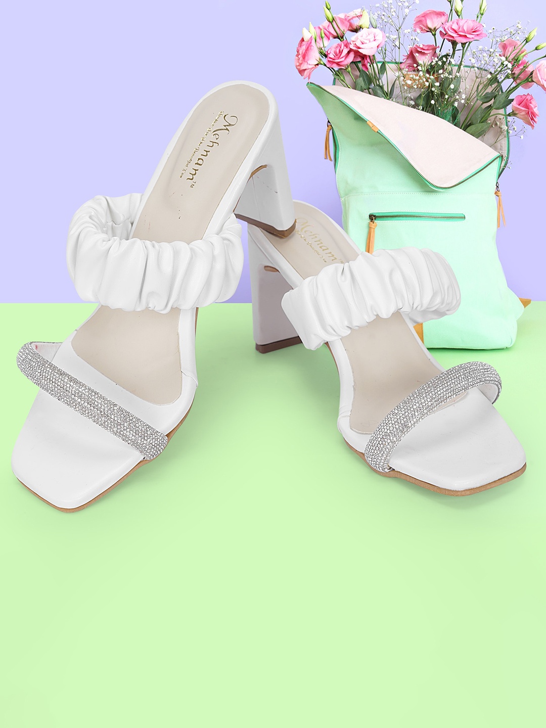 

MEHNAM Open Toe Synthetic Block Heels, White